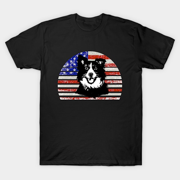 Border collie Vintage dog   on American flag - - Border Colie DAD and MOM Gift T-Shirt by YANISOVE